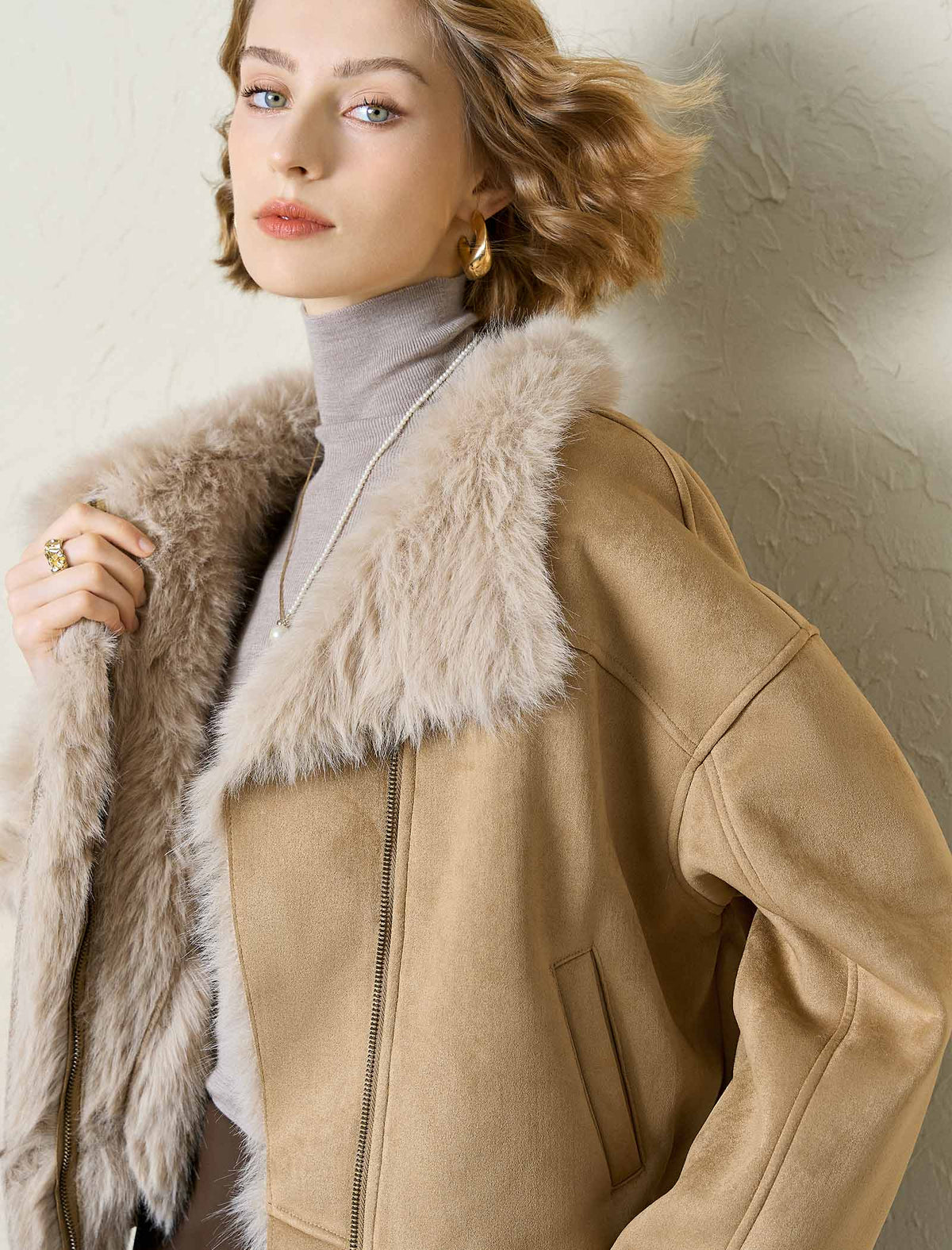 Faux Suede Fur Trim Cropped Jacket