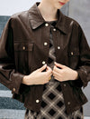 Coated Collared Snap-Front Relaxed Cropped Moto Jacket