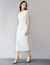 Shoulder Ruched Waist Midi Sheath Dress With Metal Buckle