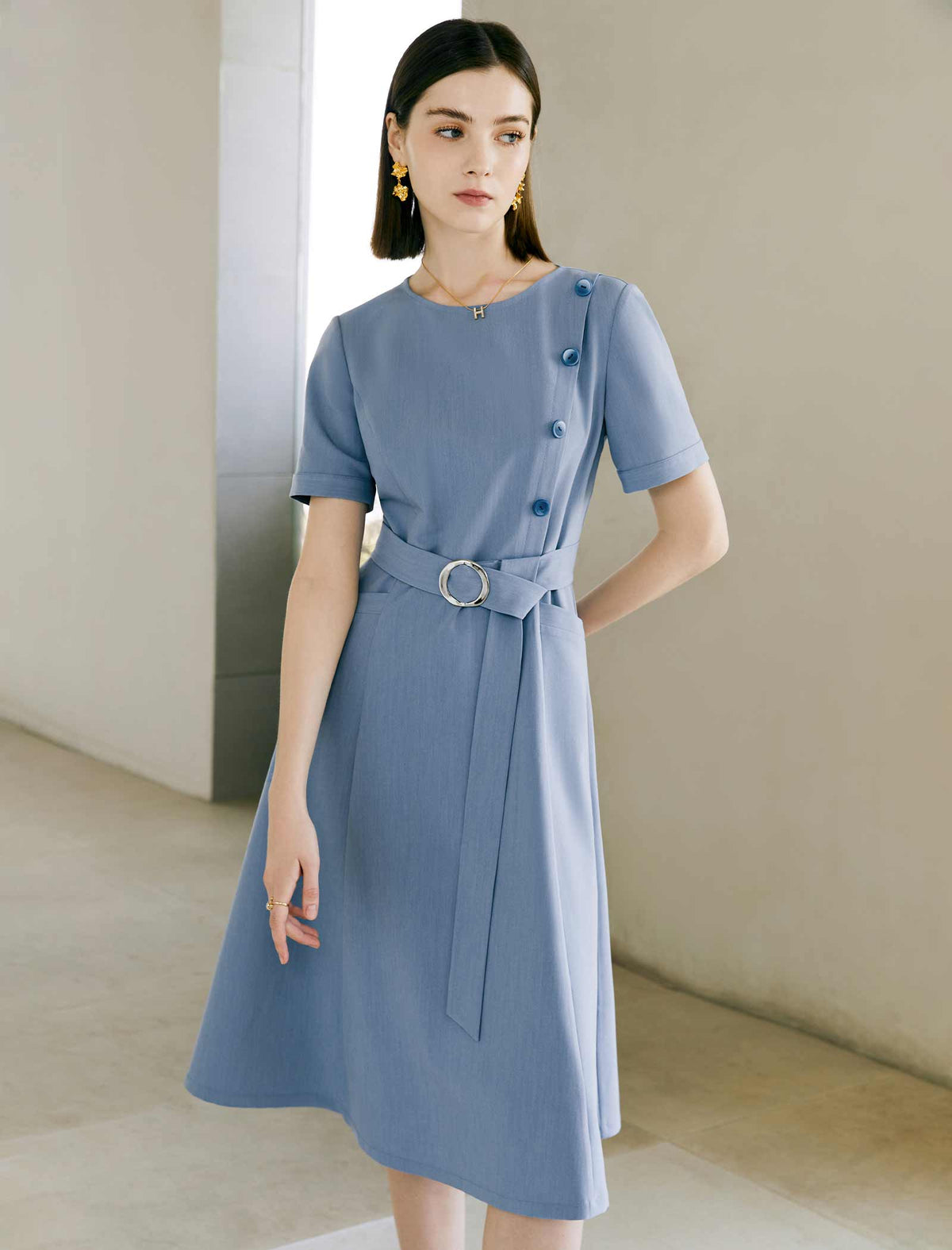 Solid Crew Neck Waist-Cinched Button Dress