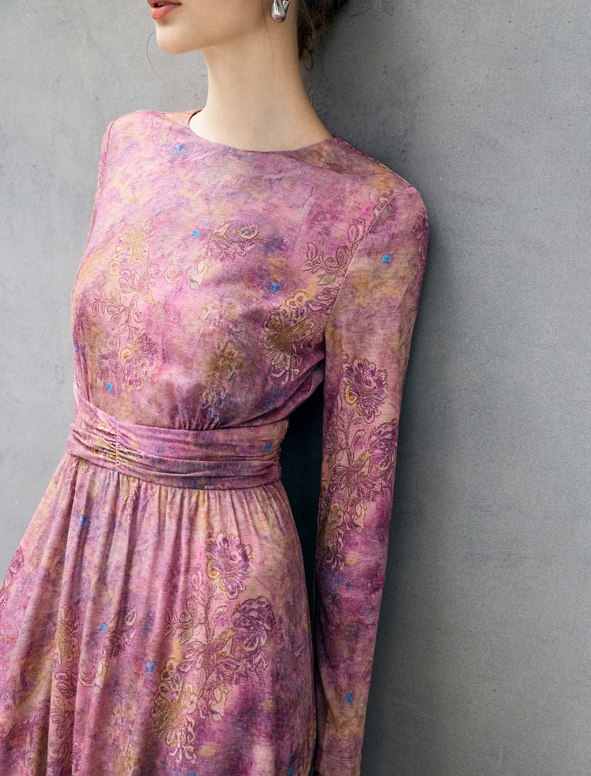 Watercolor Print Crewneck Long Sleeve Dress