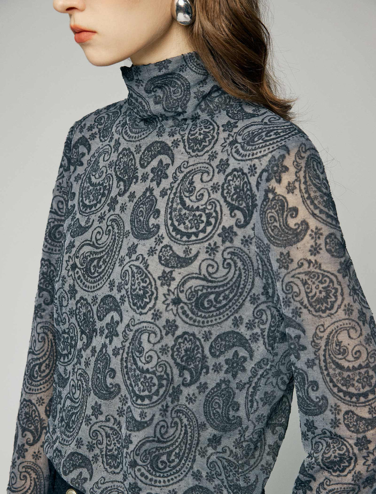 Paisley Print Turtleneck Fitted Long Sleeve Top