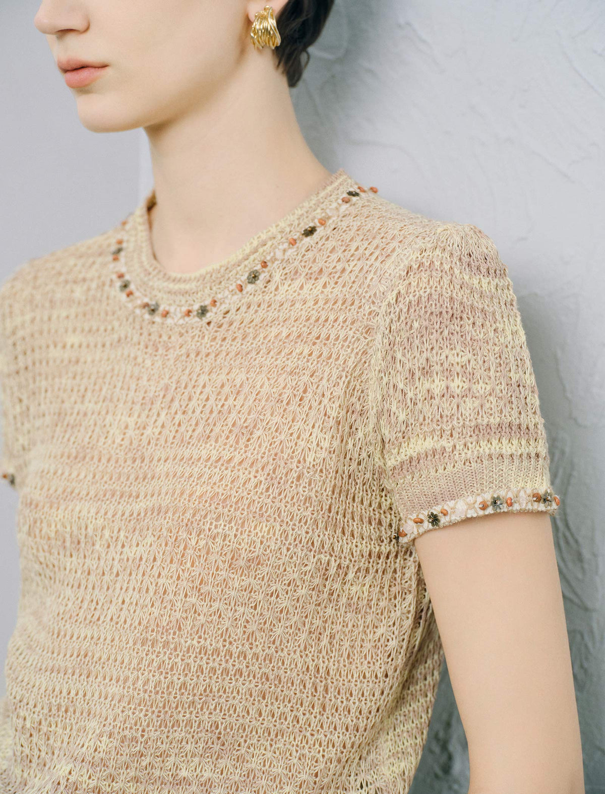 Beaded Open-Knit Short Sleeve Knit Top