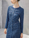 Braided-Trim Crewneck Long Sleeve Pearl-Button Straight Dress