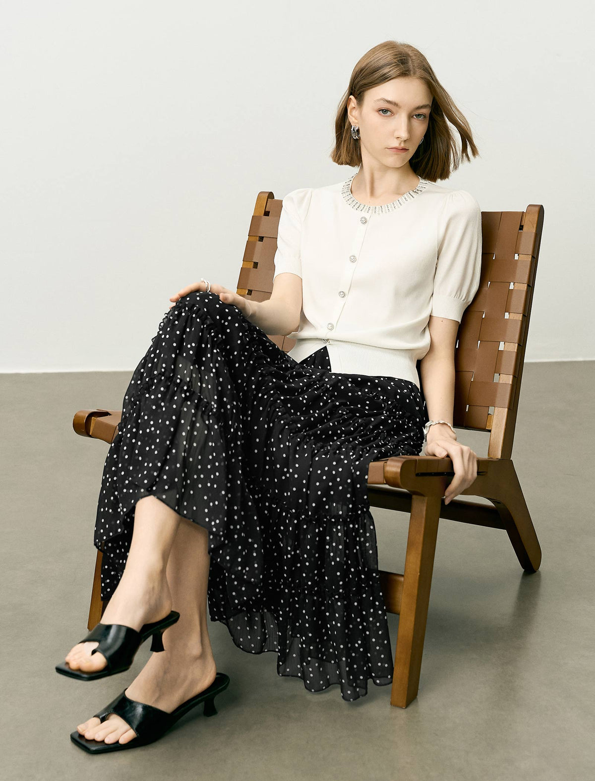 Chiffon Black Polka Dot Tiered Midi Skirt