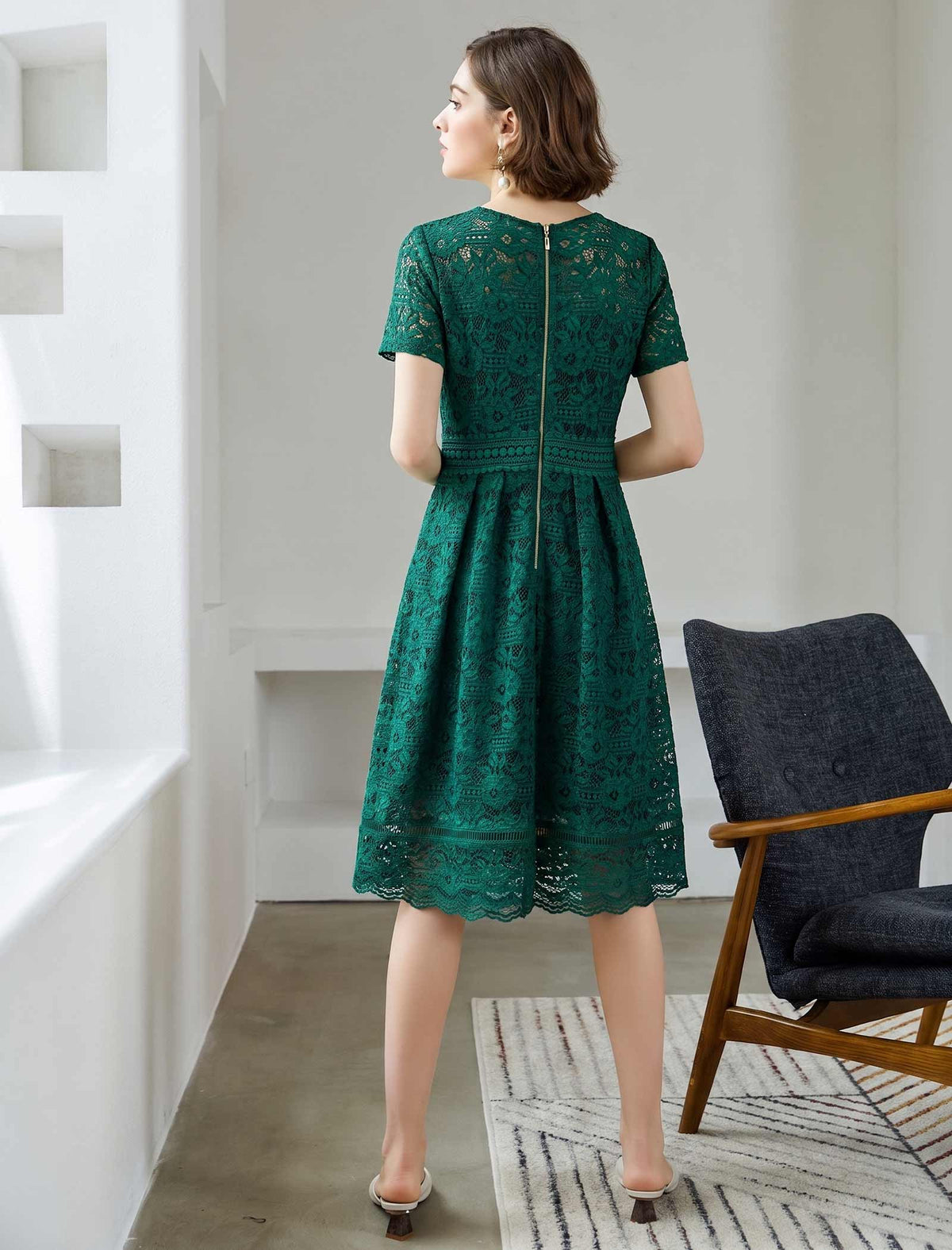 Vintage Lace Waist-Cinched Ruffle Dress