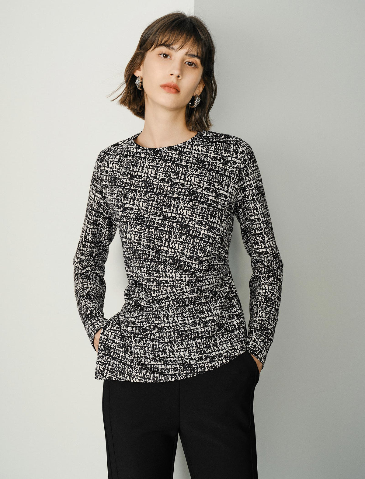 Ink-Print Round Neck Waist-Defining Long-Sleeve Blouse