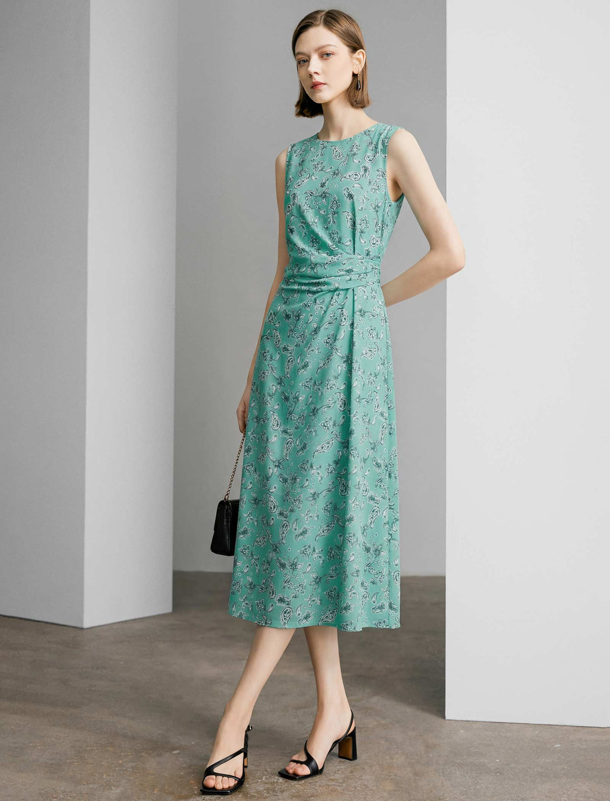 Teal Paisley Print Sleeveless Midi Dress