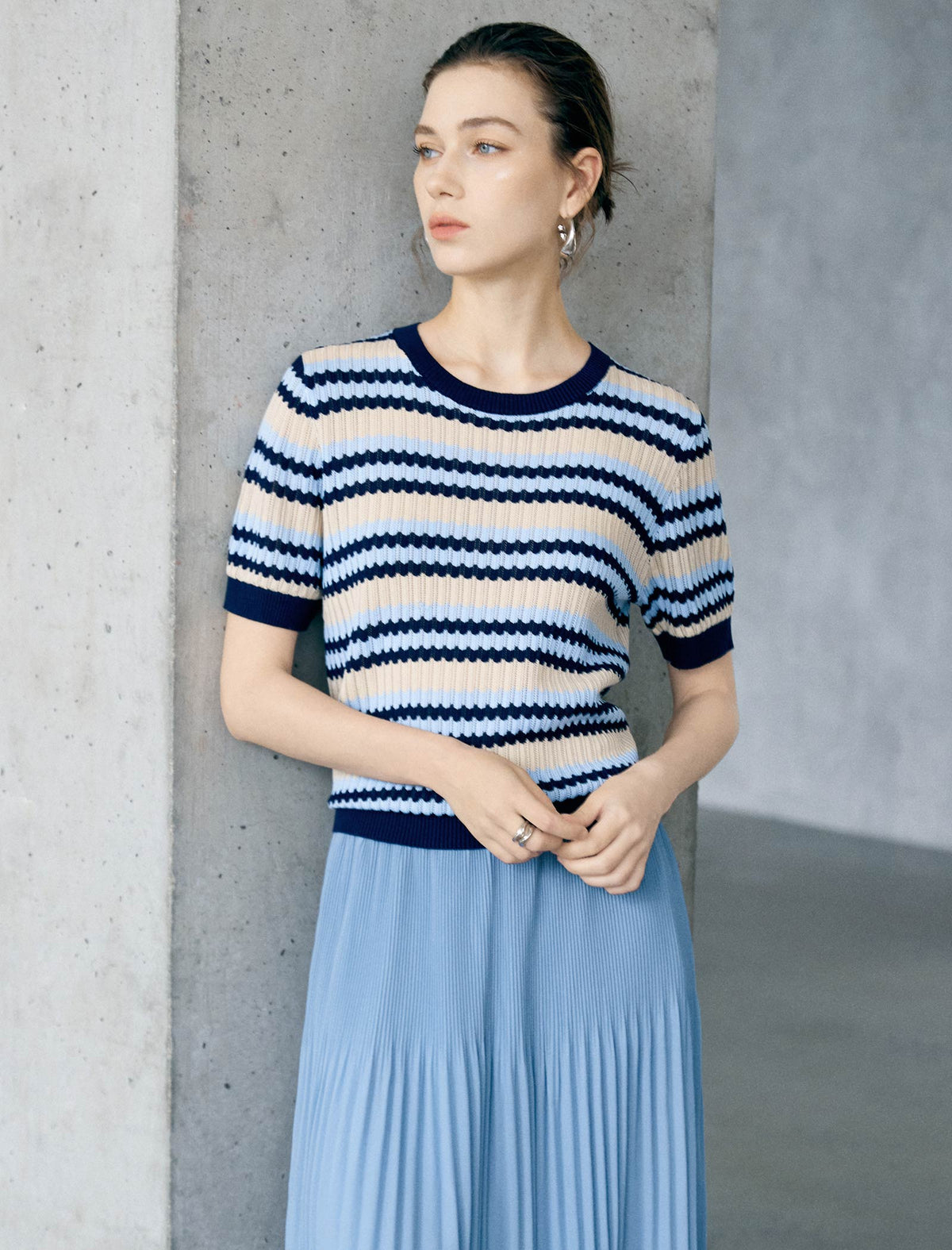 Tencel Striped Short-Sleeve Knit Top