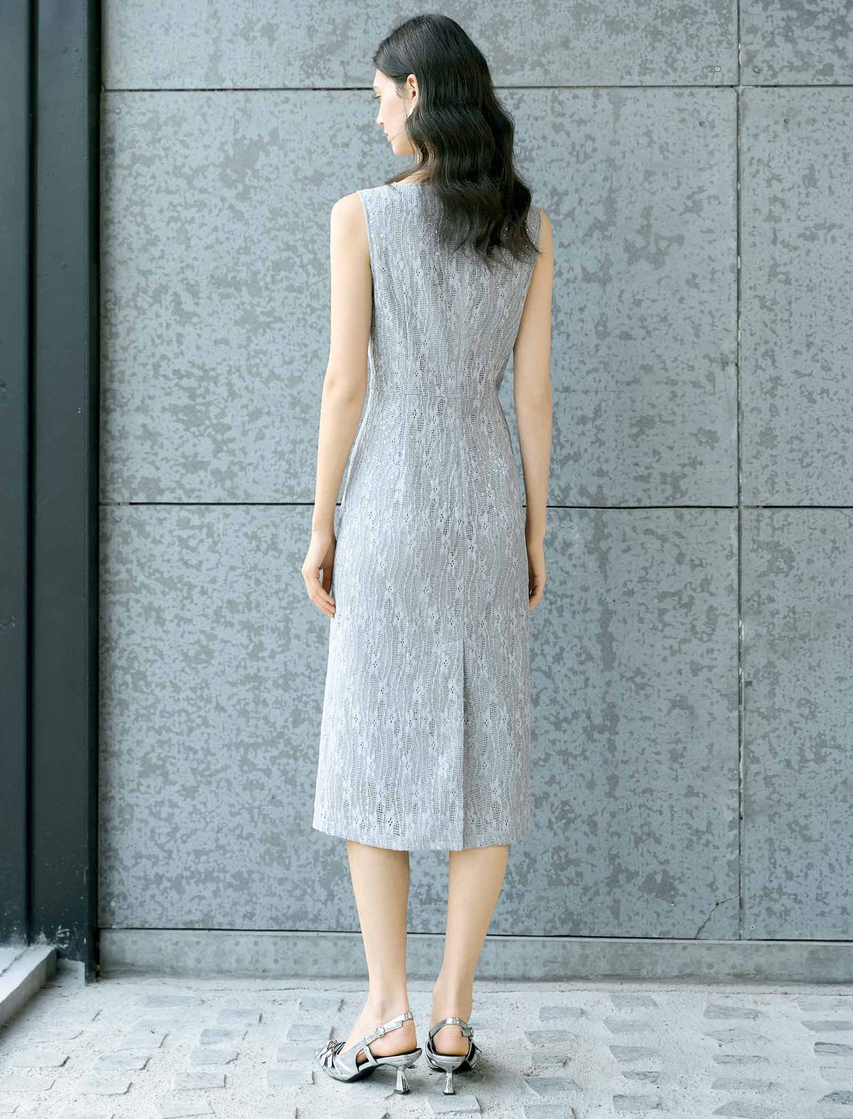 Silver Grey Sequin Jacquard Midi Sheath Dress