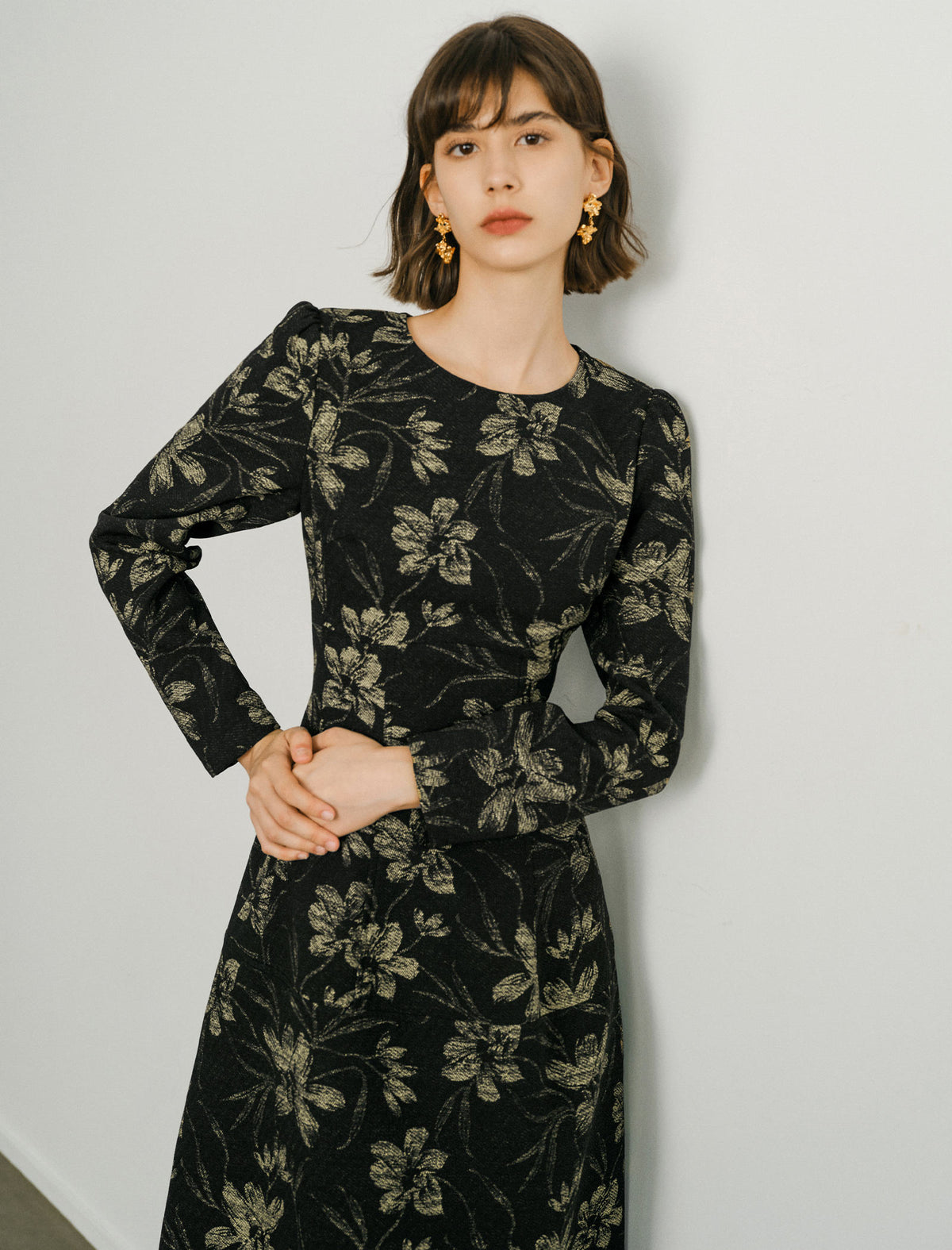 Floral Print Long-Sleeve Column Maxi Dress