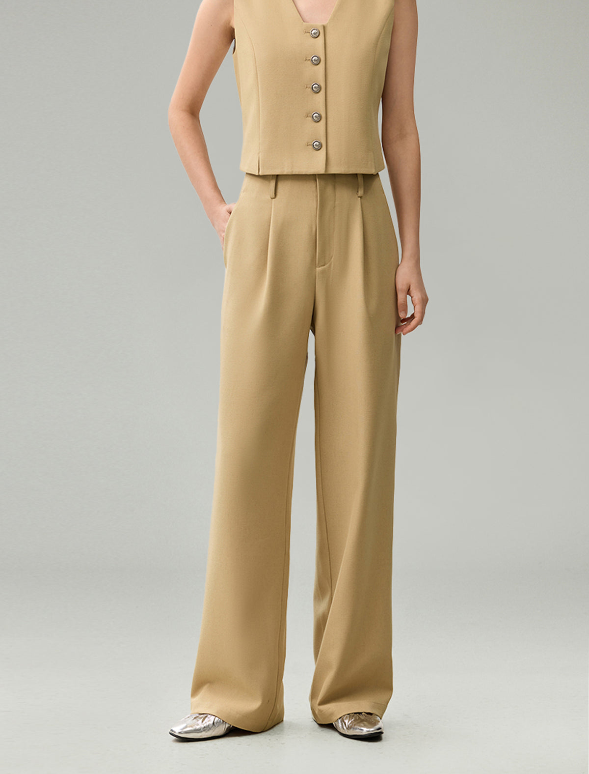 Linen Blend Wide-Leg Tailored Pants
