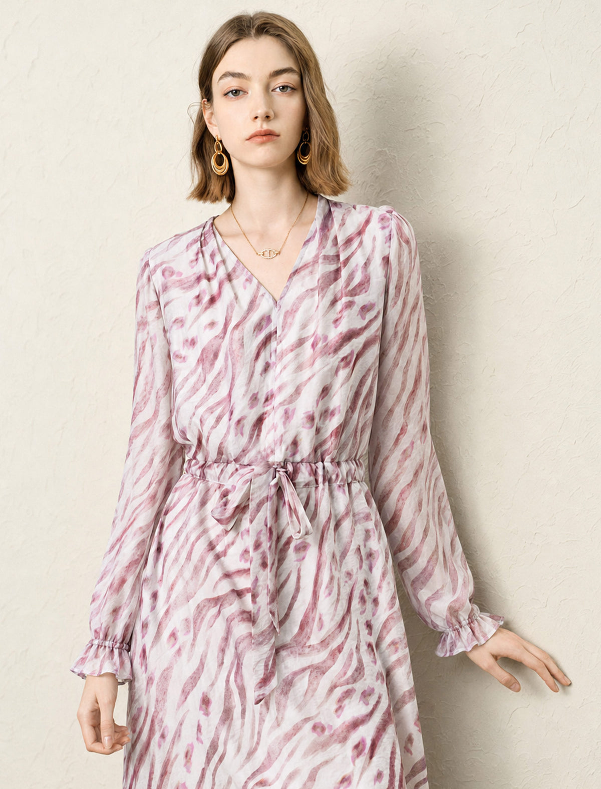 Mauve Zebra Print Long Sleeve Midi Dress