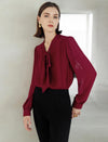Wine-Red Bow Tie Professional Blouse