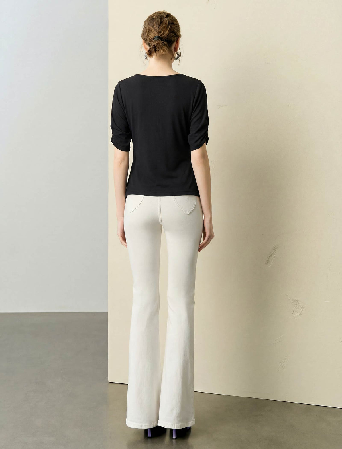 Boat Neck Ruched Sleeve Asymmetrical Top