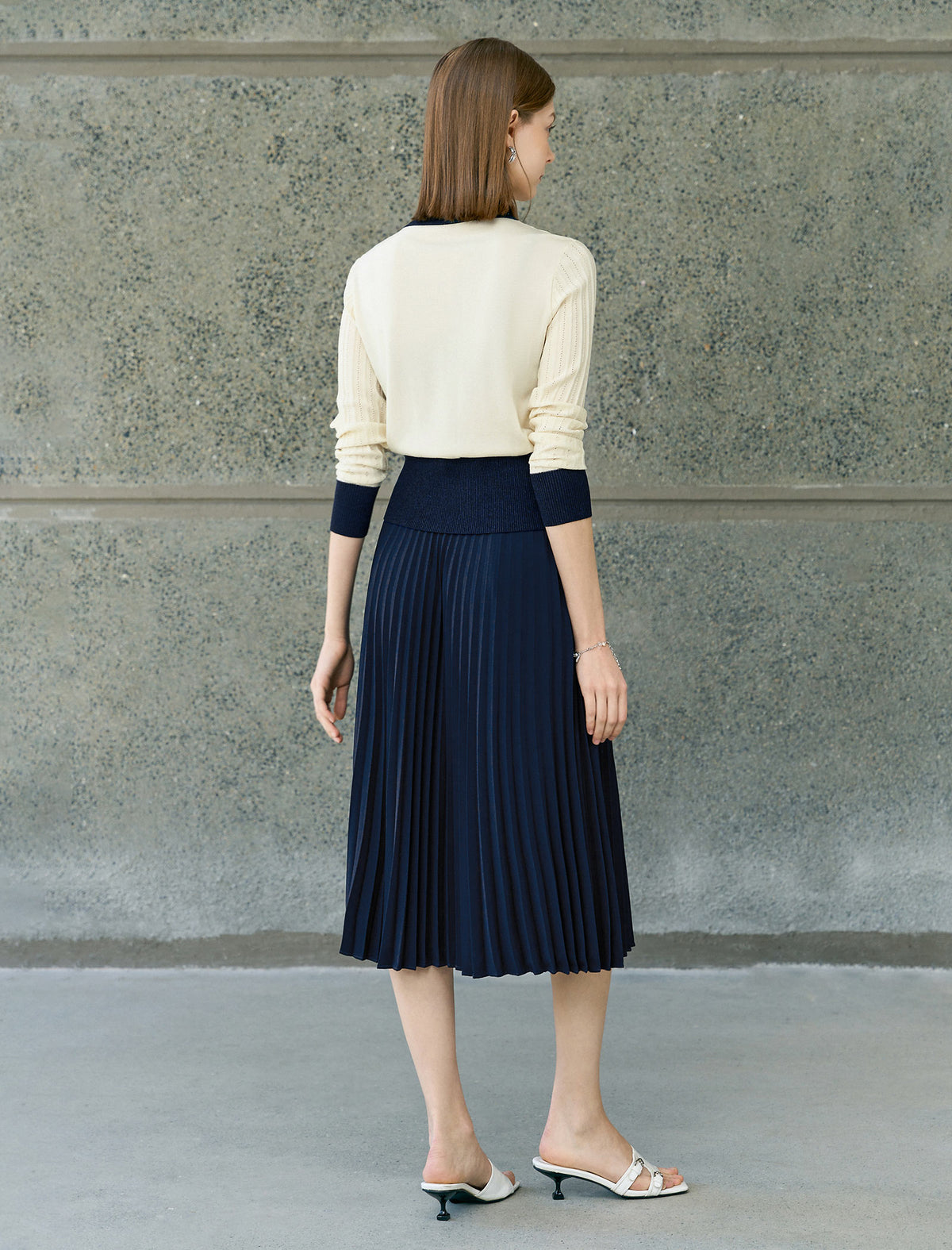 Navy Pleated High Waist Swing A-Line Skirt