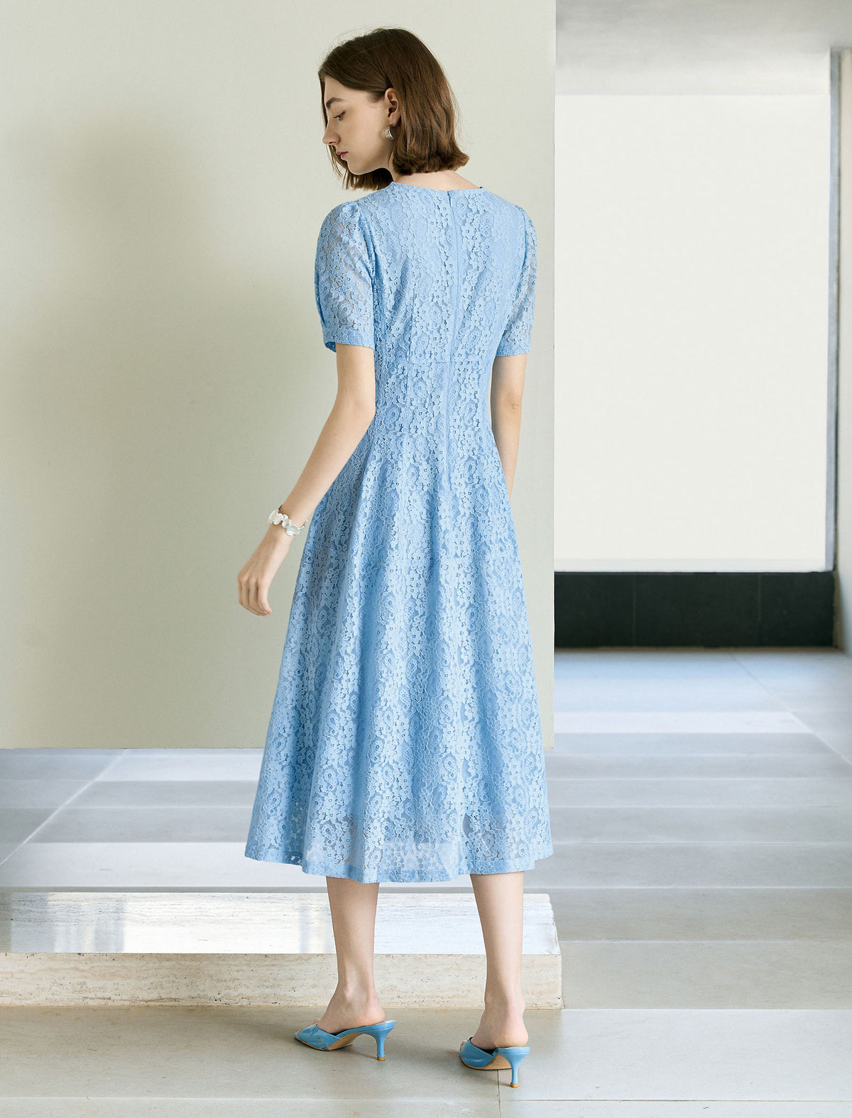 Light Blue Lace A-Line Midi Dress