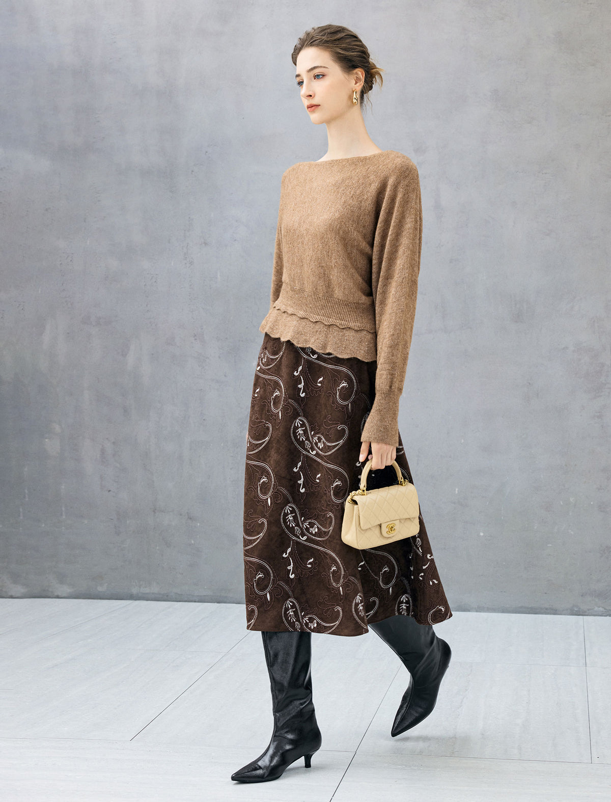 Wool Blend Ruched Boatneck Drop-Shoulder Sweater