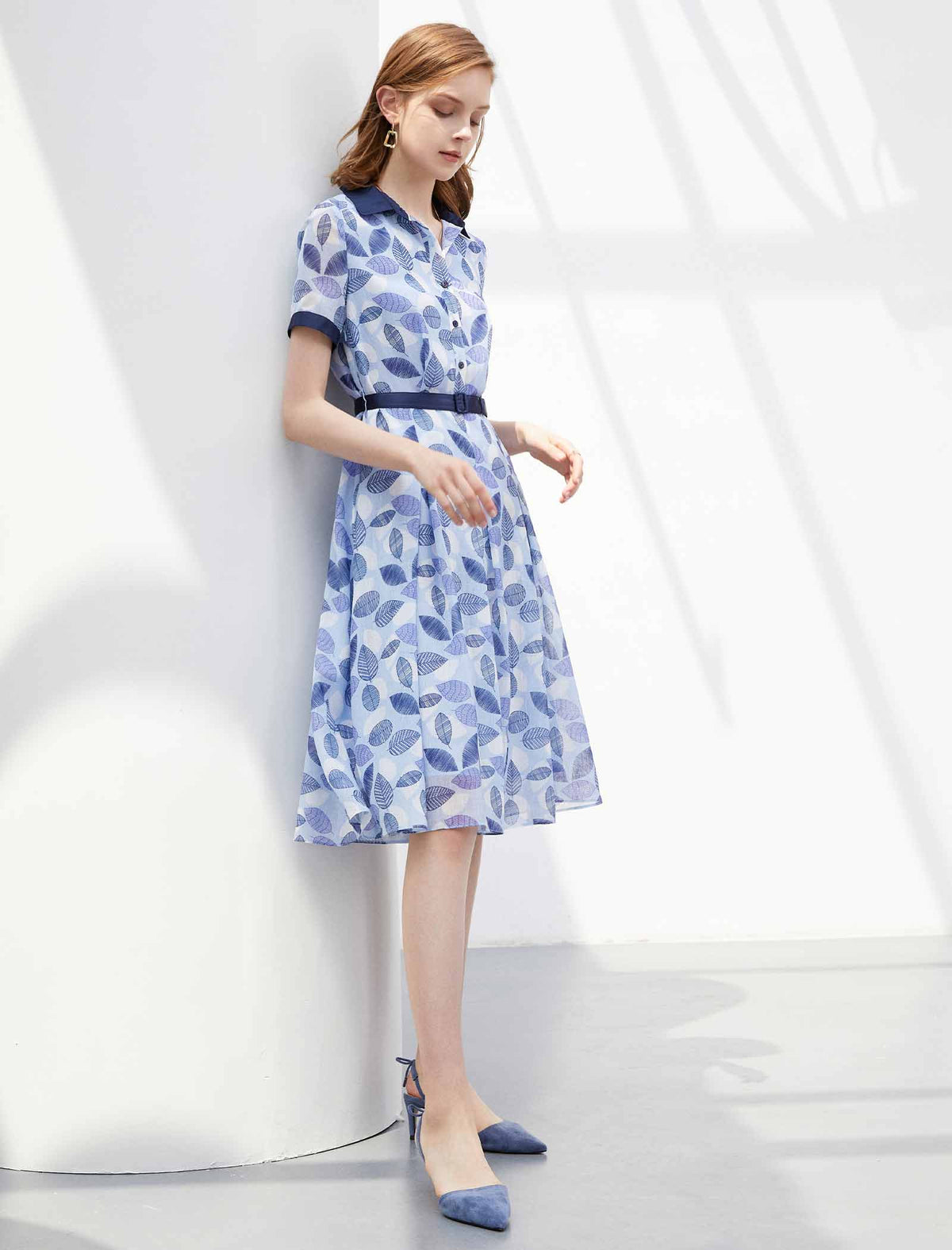 Leaf Print Contrast Trim Shirt Dress