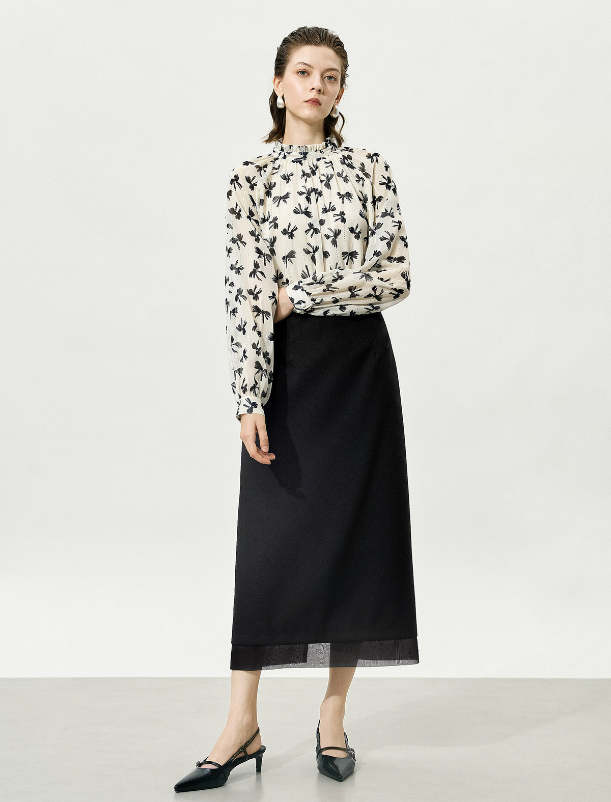 Floral Print Chiffon Ruffled Neckline Blouse