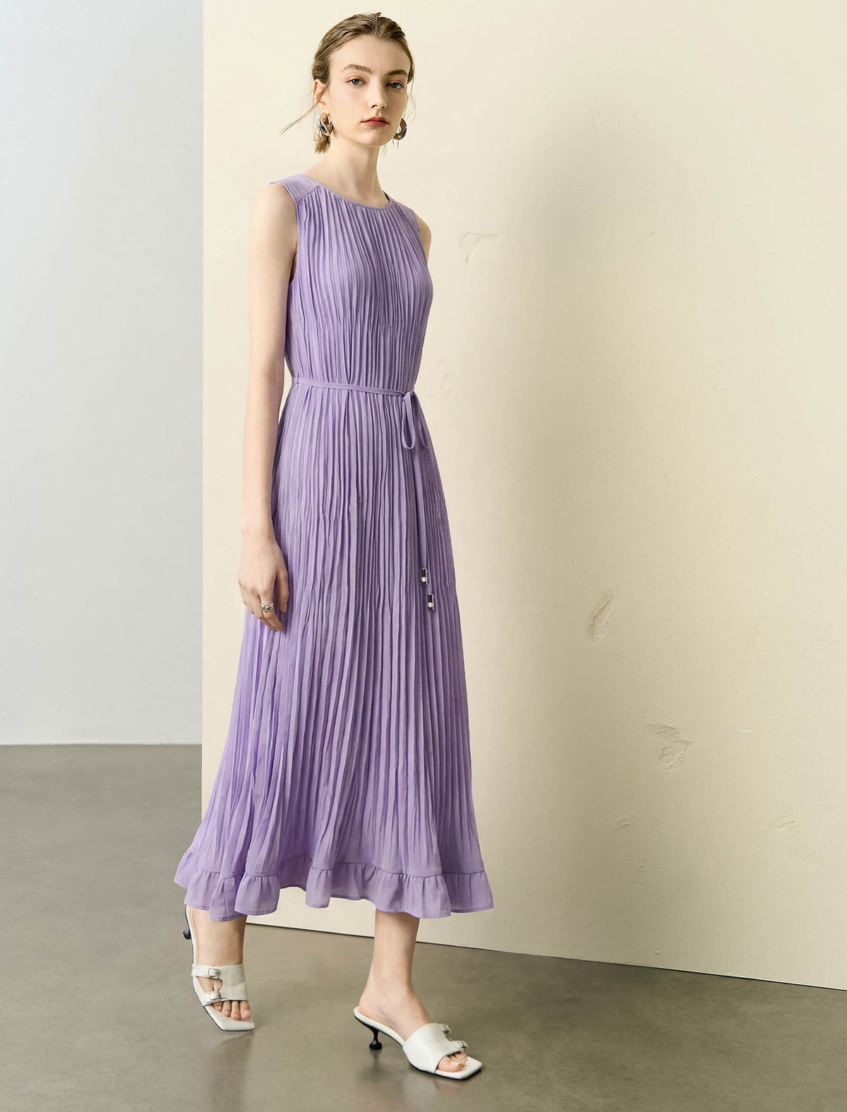 Lavender Waist Tie Ruffle Hem Pleated Sleeveless Midi Dress