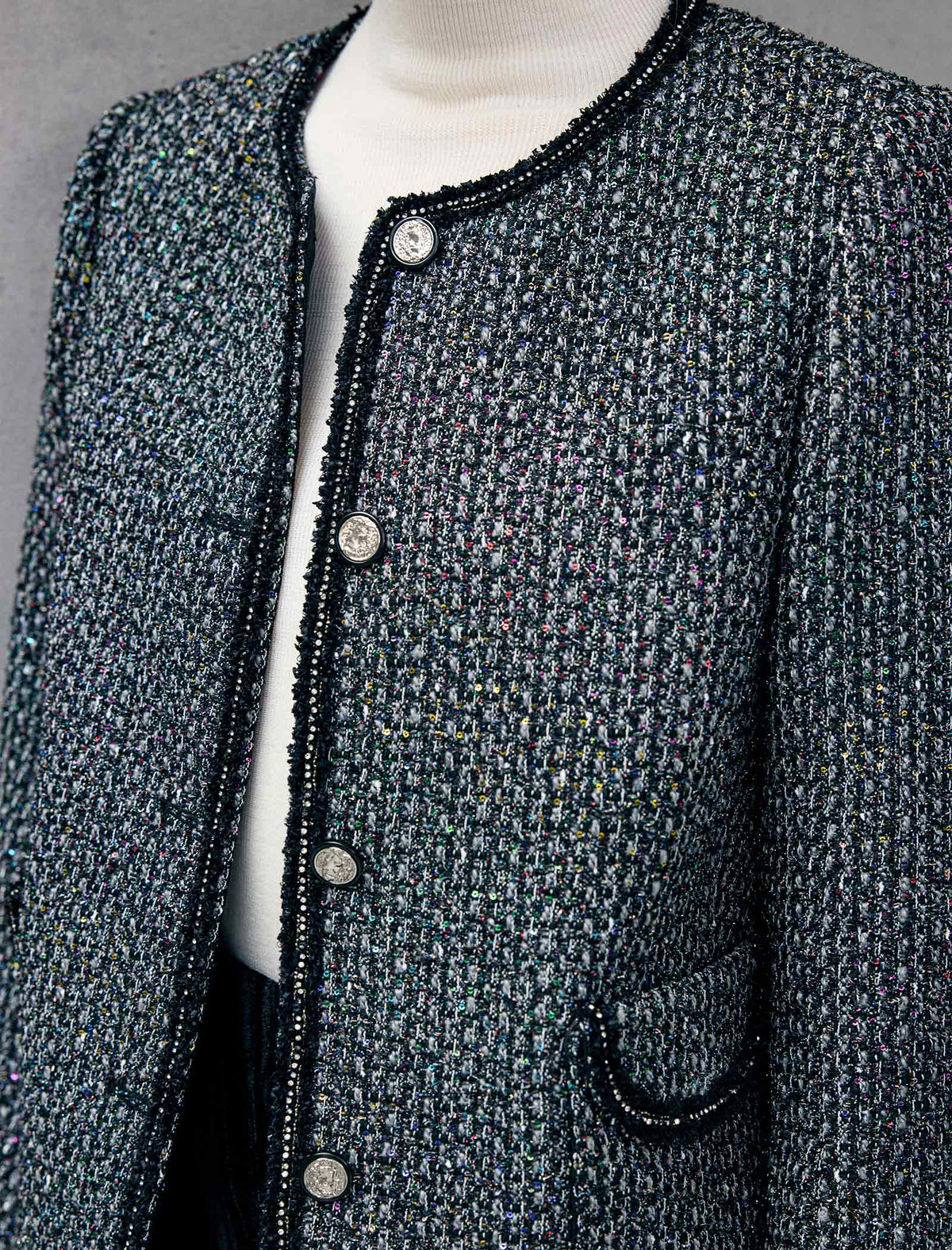 Wool Blend Braided-Trim Crewneck Pearl-Button Cropped Jacket