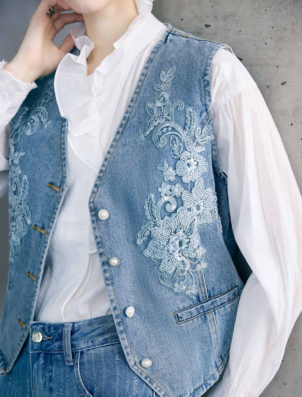 Lace Embroidered Beaded Denim Vest