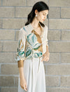 Retro Contrast‑Print Button‑Down Blouse