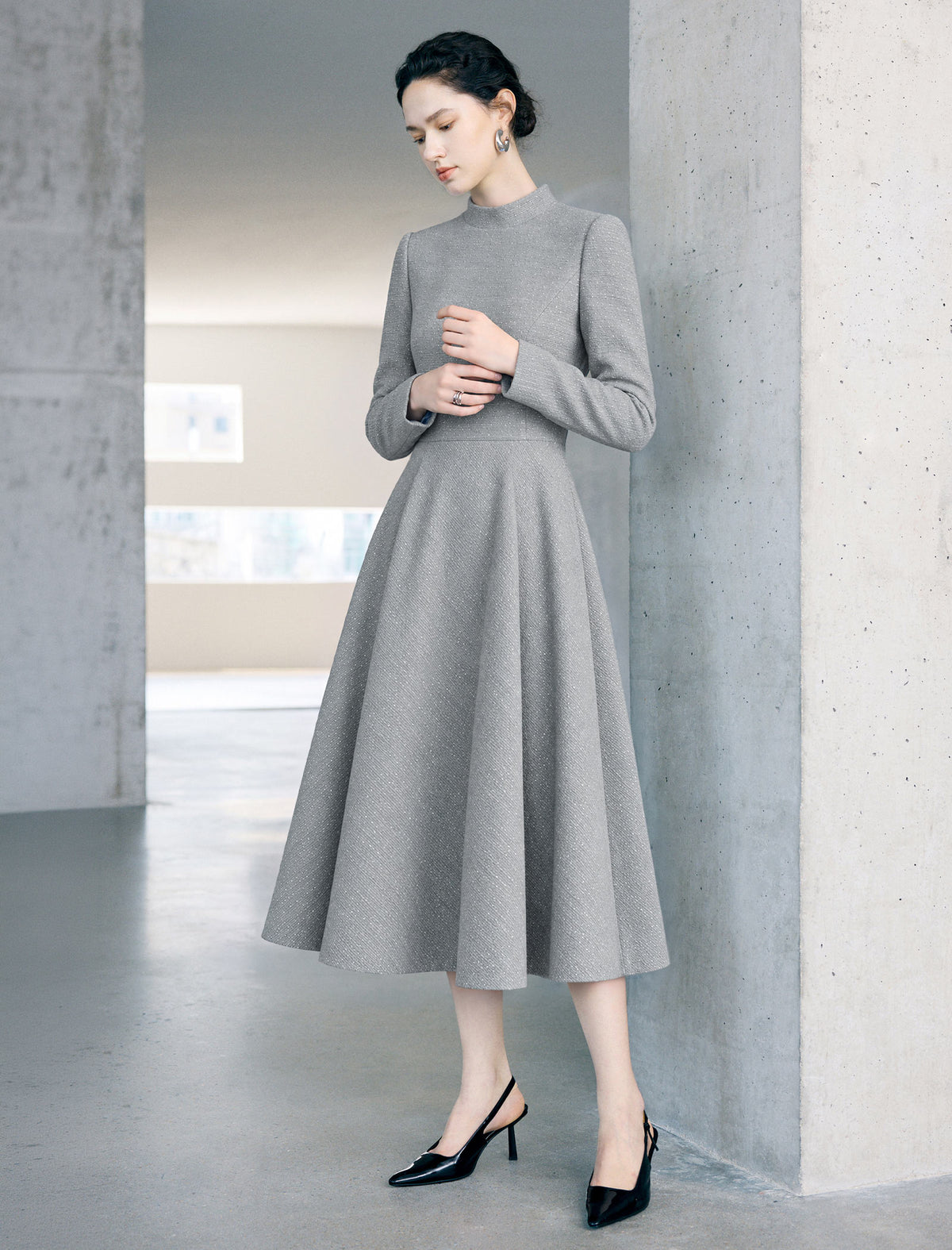 Mock Neck Long Sleeve A-Line Midi Dress