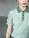 Two-Tone Green Lace Polo Collar Pleated Midi Dress