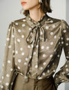 Ruffle Stand Collar Polka Dot Blouse with Self-Tie