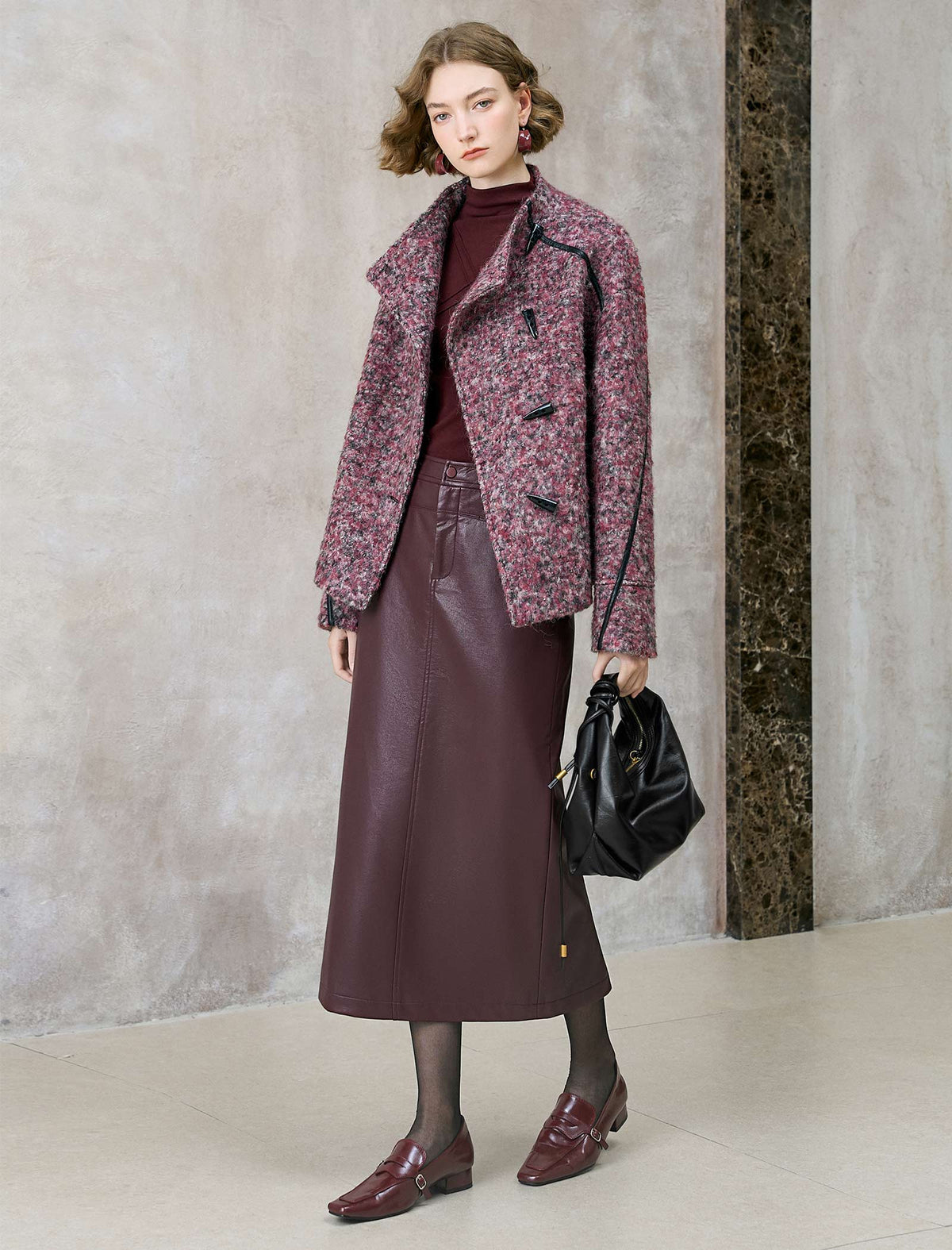Wool-Blend Toggle Button Faux Leather Accents Jacket