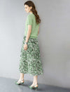 Green Abstract Print Pleated Midi Skirt