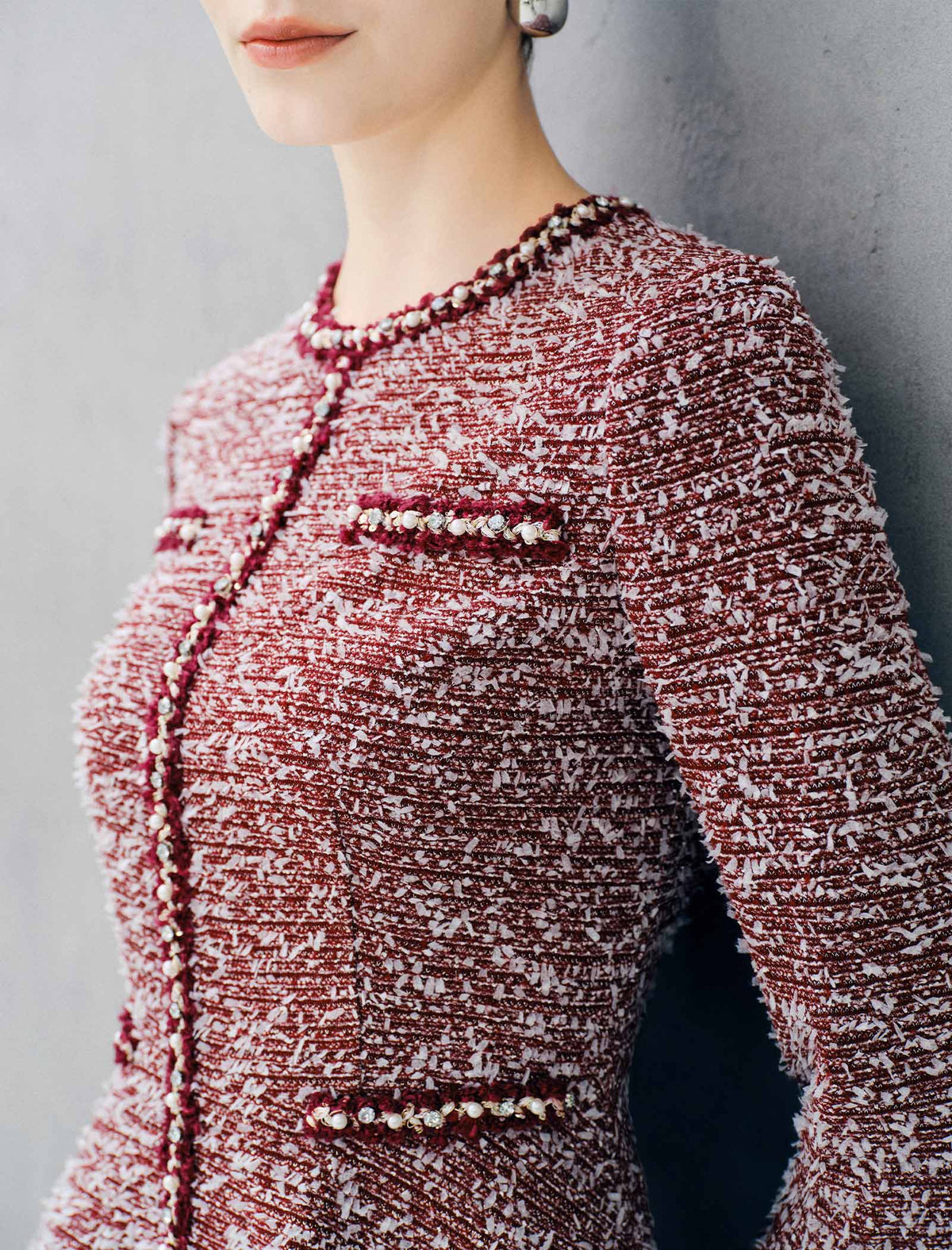 Pearl Trim Tweed Peplum Long Sleeve Jacket