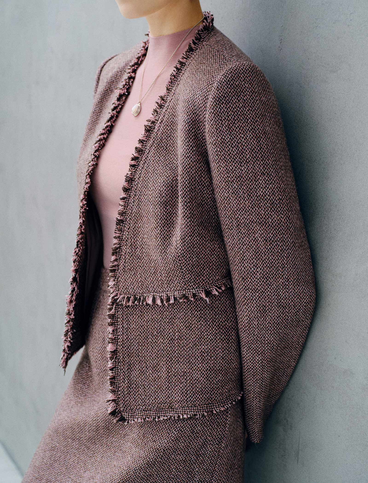 Wool Blend Fringe-Trim V-Neck Cropped Jacket