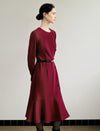 Red Long-Sleeve Button-Detail Flounce-Hem Midi Dress