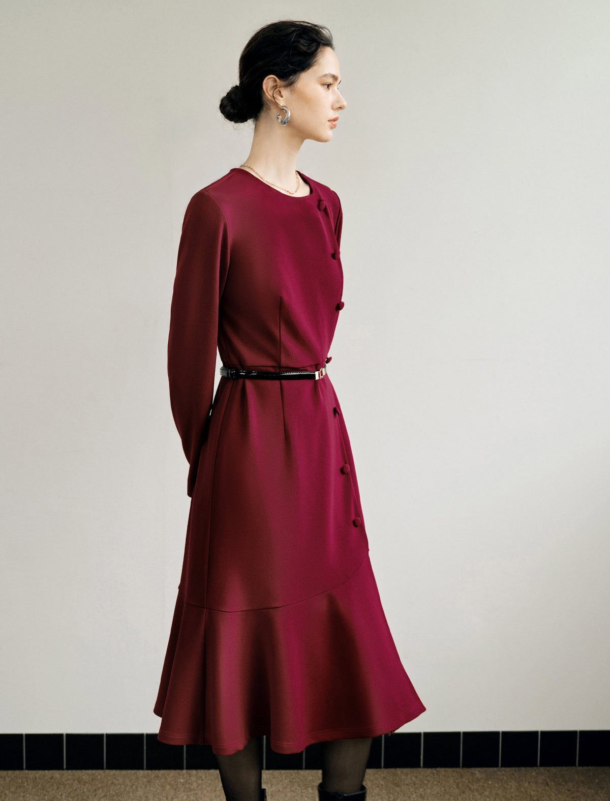 Red Long-Sleeve Button-Detail Flounce-Hem Midi Dress