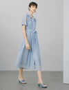 Light Blue Tencel Linen Blend Lace-Trimmed Shirt Midi Dress