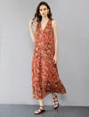 Red Ramie Floral Print Vacation Maxi Dress
