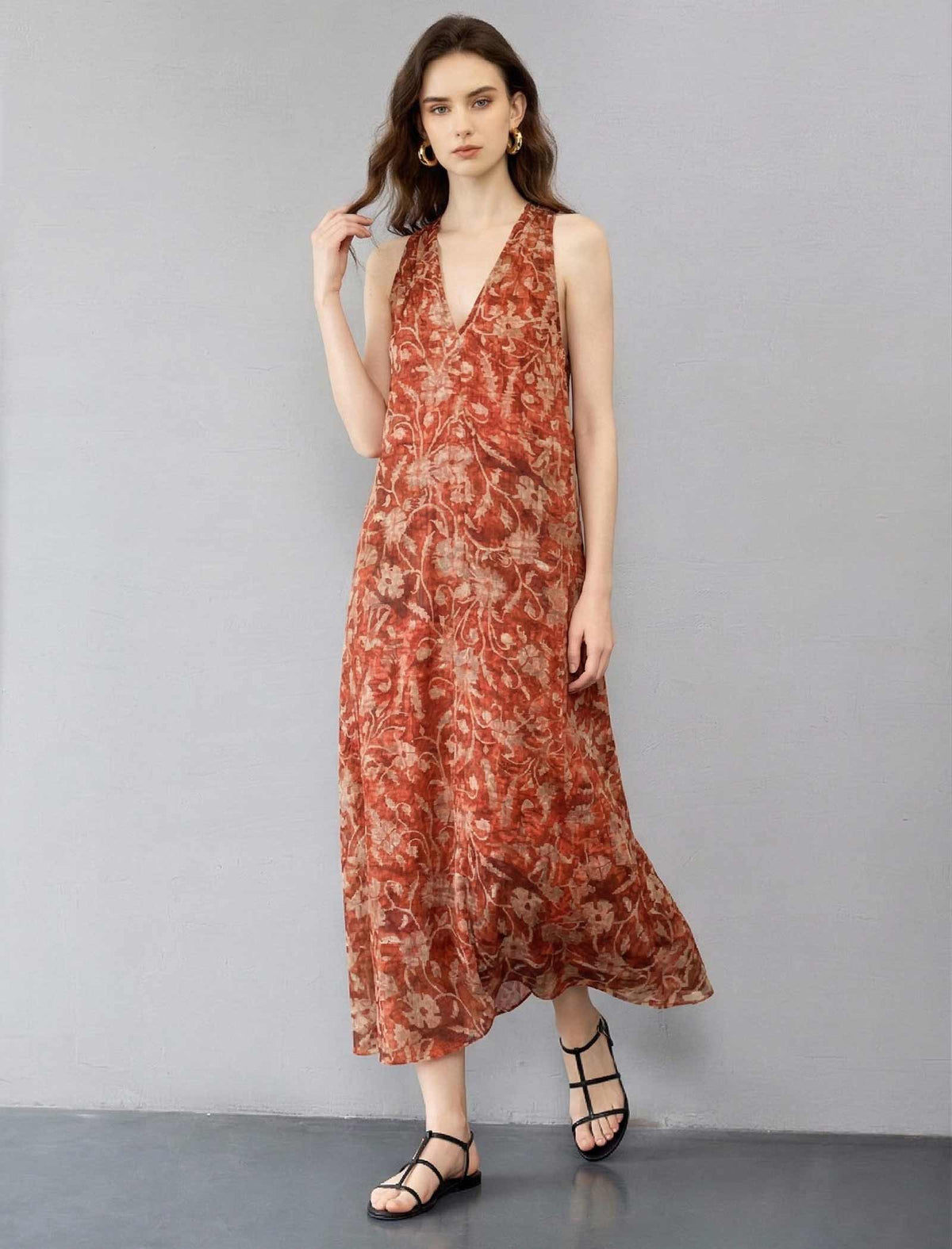 Red Ramie Floral Print Vacation Maxi Dress