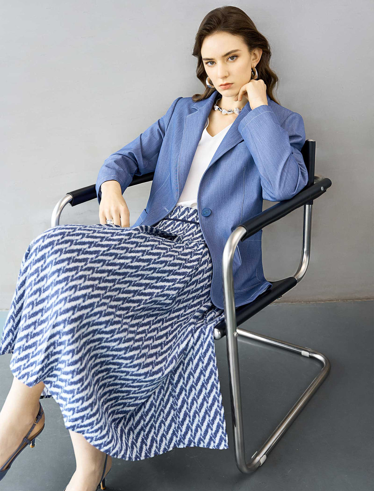 Blue And White Chevron Pleated Midi Skirt