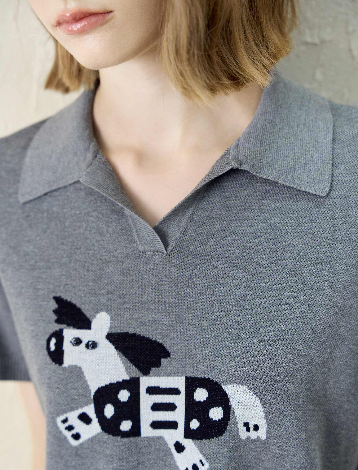 Dog Jacquard Polo Collar Knit Top