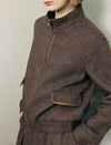 Wool Blend Textured Stand-Collar Zip-Front Cropped Jacket