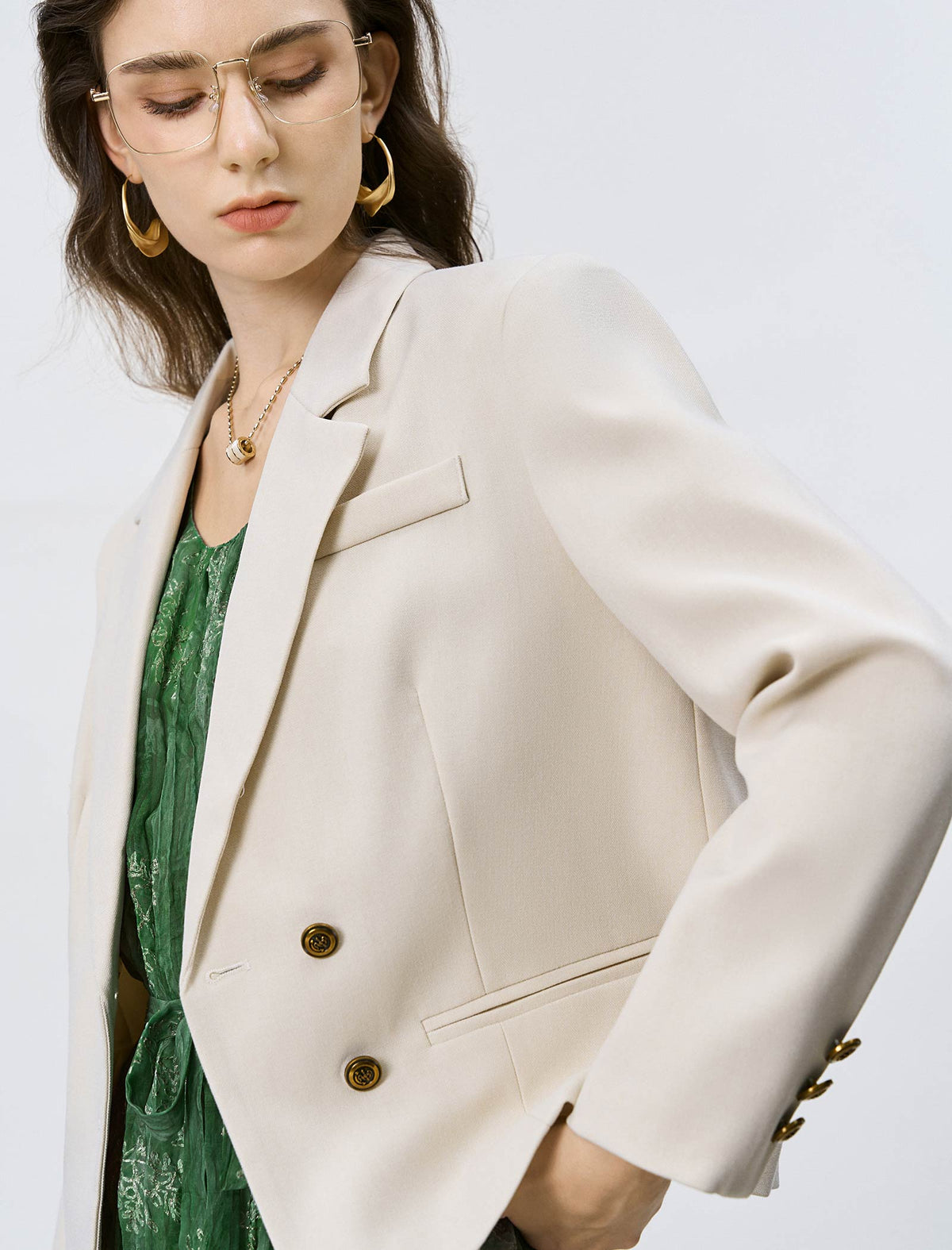 Oatmeal Cropped Double-Breasted Blazer