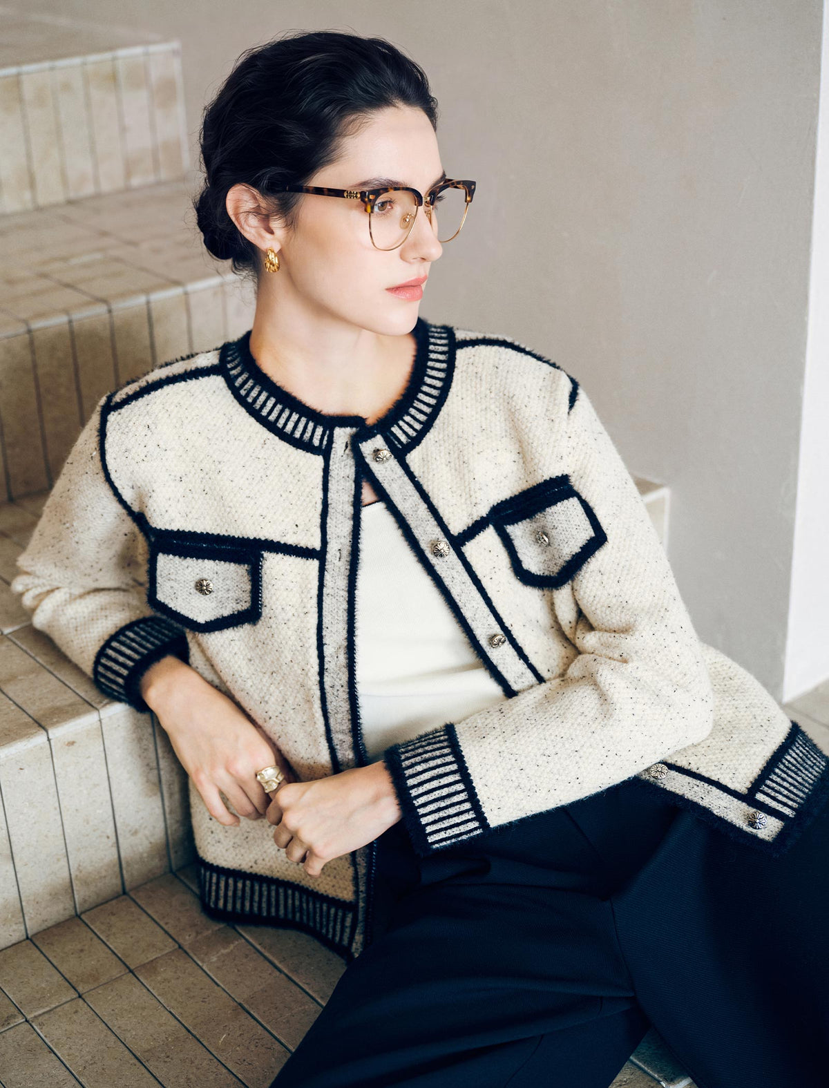 Contrast Trim Cropped Knit Jacket