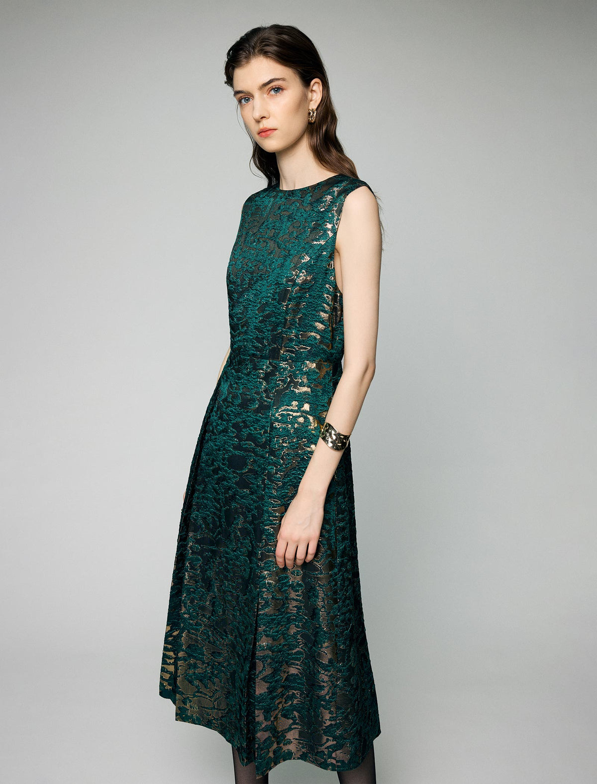 Jacquard Crewneck Sleeveless A-Line Midi Dress