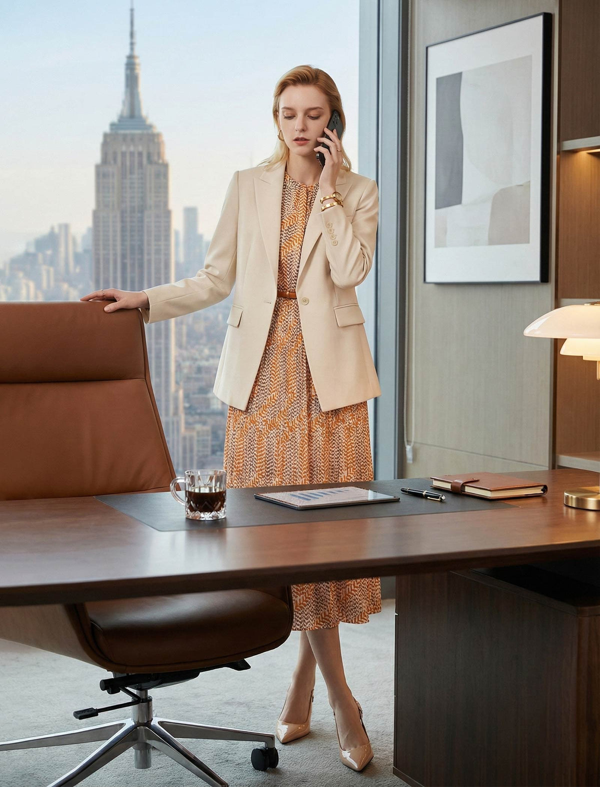 Warm Orange Architectural Light And Shadow Printed Dress