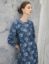 Floral Print Ruched-Waist Long Sleeve A-Line Midi Dress
