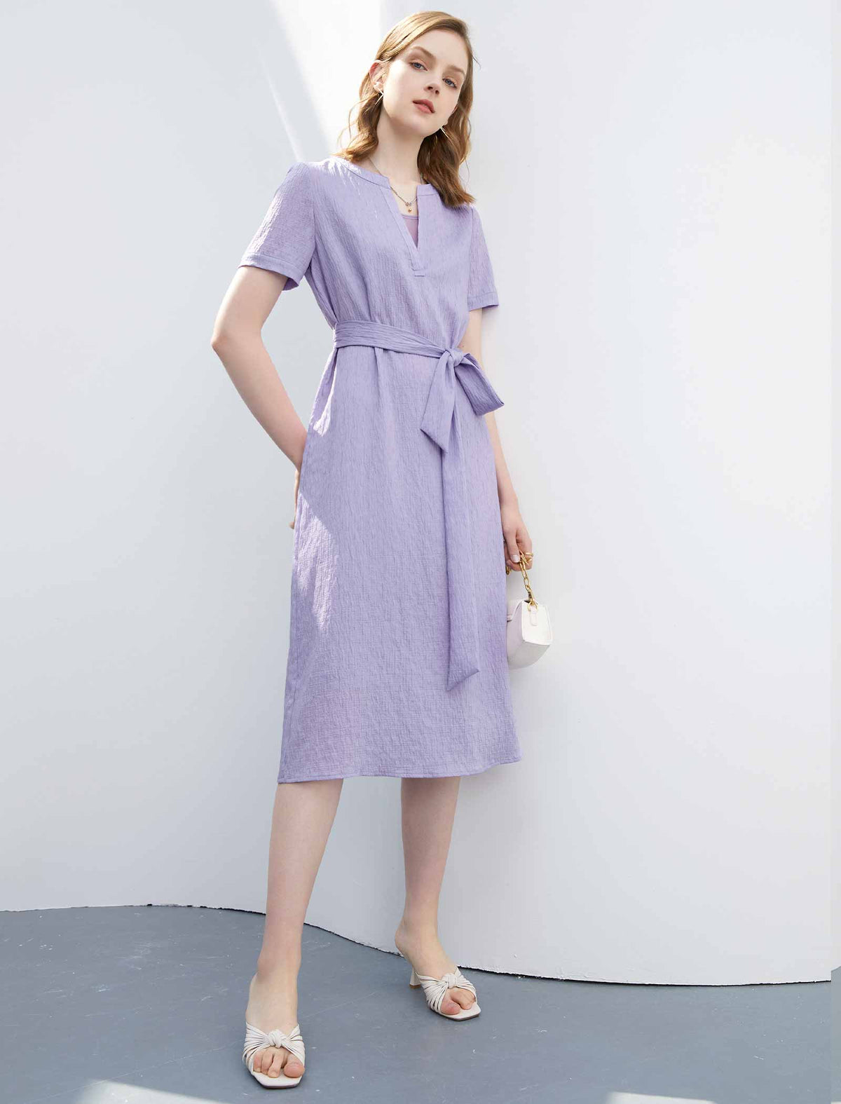 Purple Tie-Waist Short Sleeve Dress