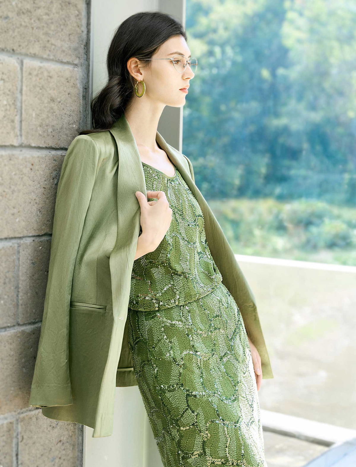 Sage Green Acetate Textured Double-Breasted Blazer